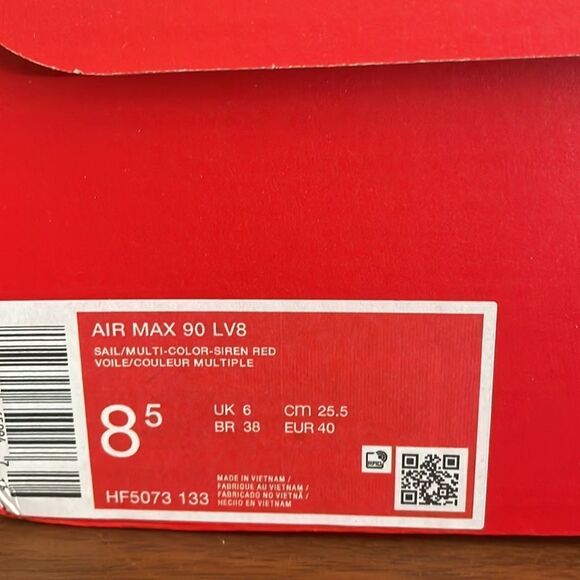 Nike Air Max 90 LV8 Sail/Multi-Color Siren Red US Women 8.5/UK6/EU40(HF5073-133) - Picture 12 of 13